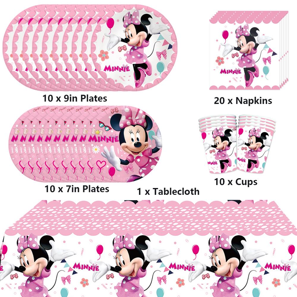 51pcs Minnie Party Tableware Includes Cup Plate Tablecloth Napkin for10 Guests