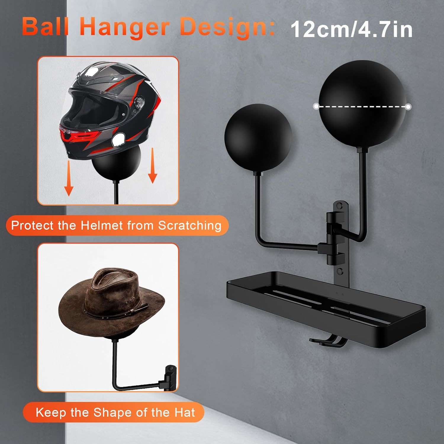 

180° Rotating Motorcycle Helmet Rack Wall Mounted With Double Hook Detachable Bicycle Helmet Display Rack for Phone Storage
