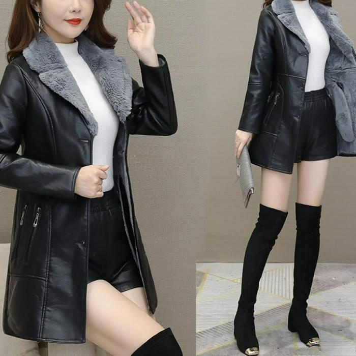 Herbst und Winter Leder Damen Plus Samt Verdickt Mittellang Temperament Schlank Machend Taille PU Jacke Trend