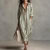 European & American Striped V-neck Summer Shirt Dress with 3/4 Sleeves