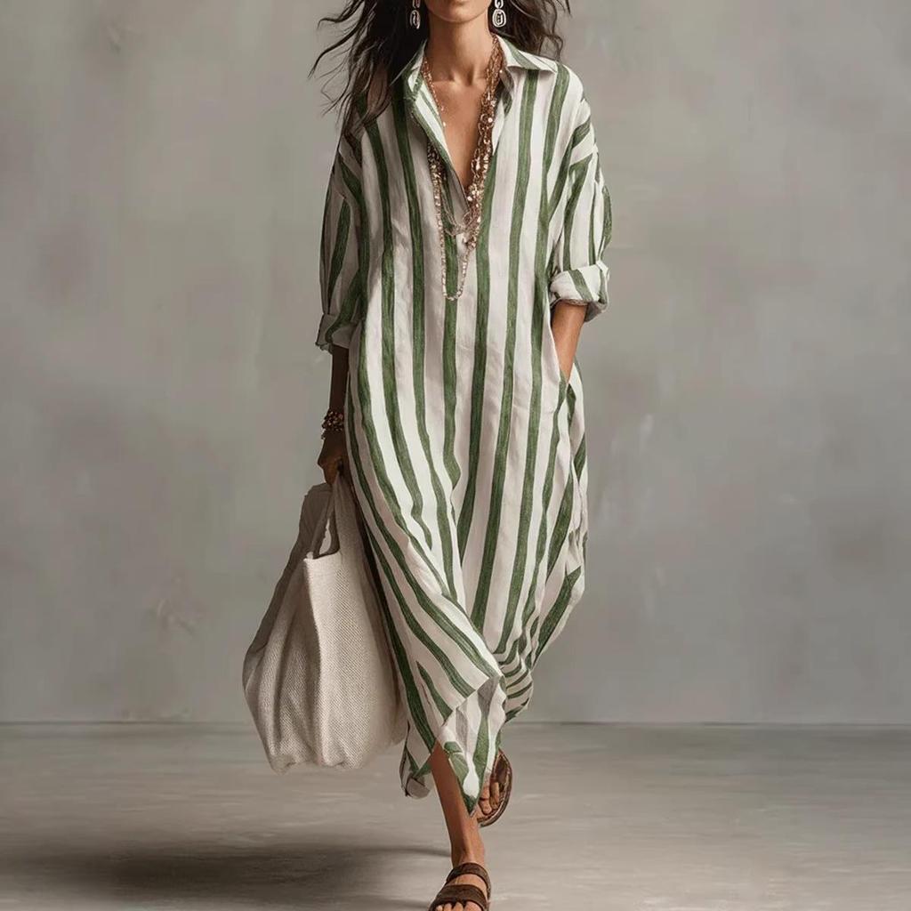 European & American Striped V-neck Summer Shirt Dress with 3/4 Sleeves