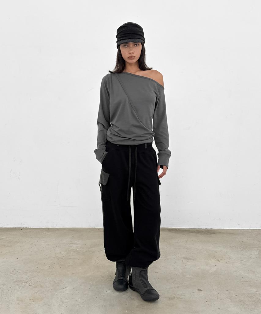 SANDRIC One-Shoulder Layered Tee_Charcoal