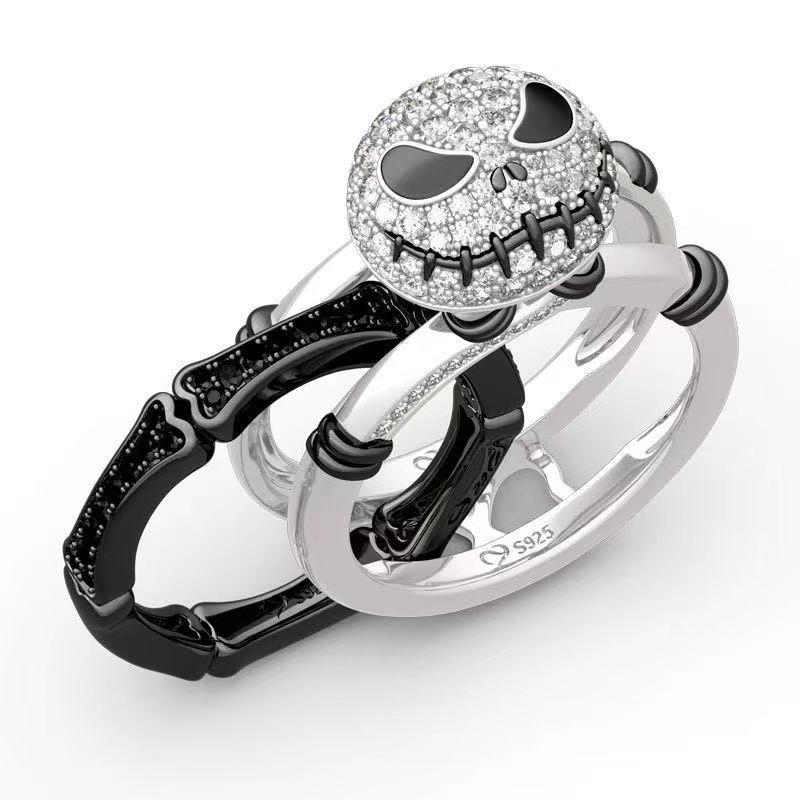 Luxurious Black & White Skull Ring Set for Women - Full Diamond Smile Design