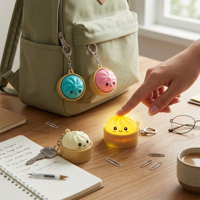 Funny Dumpling Bao Bun Keychain Fidget Clicker With LED Light Portable Stress Relief Toy for Travel Commute