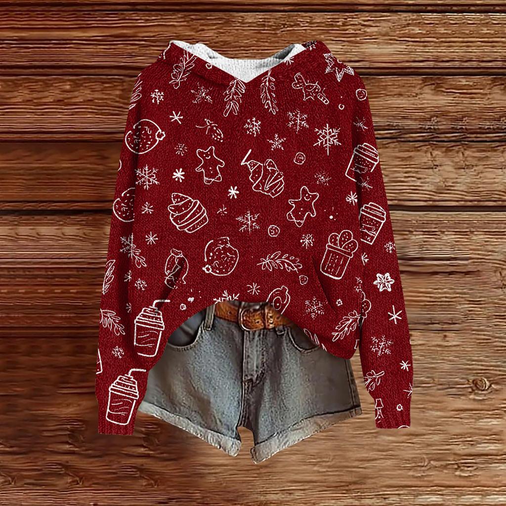Women's Fashion Casual Long Sleeve Christmas Print Hooded Knitted Sweatshirt