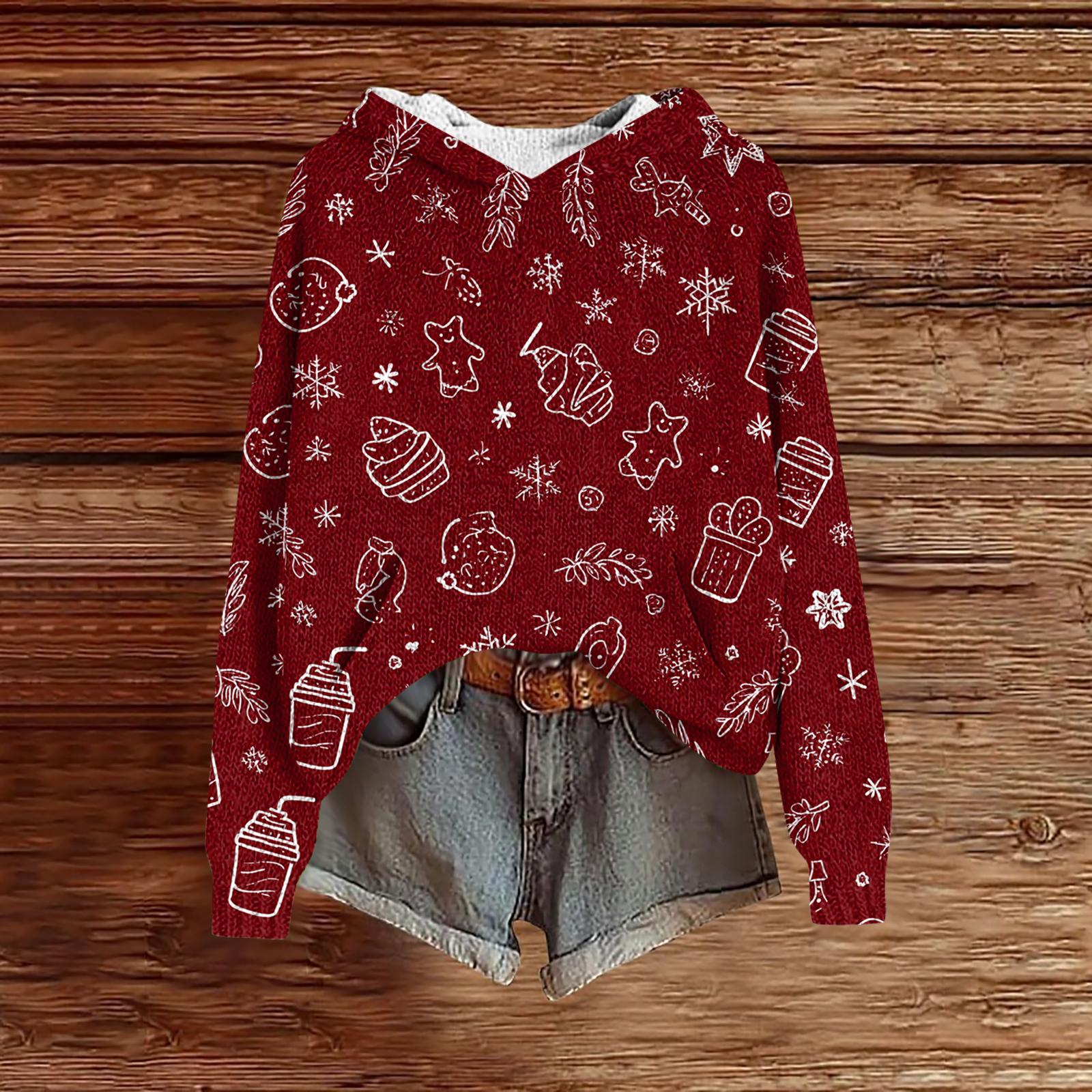 

Женский модный повседневный трикотажный худи с длинным рукавом и рождественским принтом M