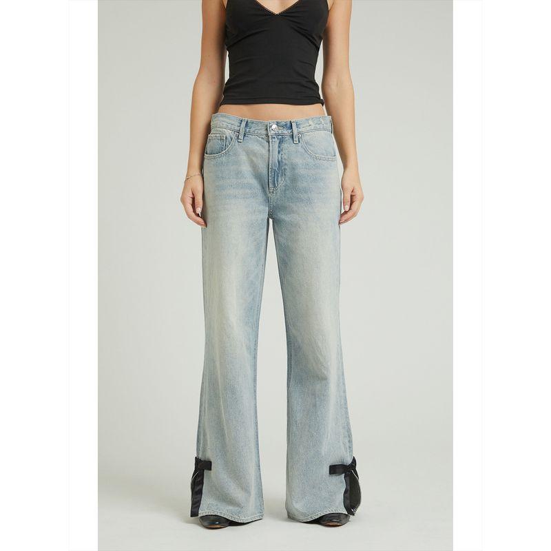 Foreign Trade Original Order PAC * Sun Lena Light Indigo Bow Wide Leg Straight Slimming Low Waist Super Baggy Jeans