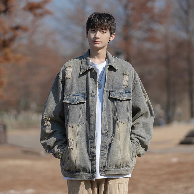 

American retro ripped denim jacket men s spring European and American hiphop tooling jacket Hong Kong style trendy casual top 3XL