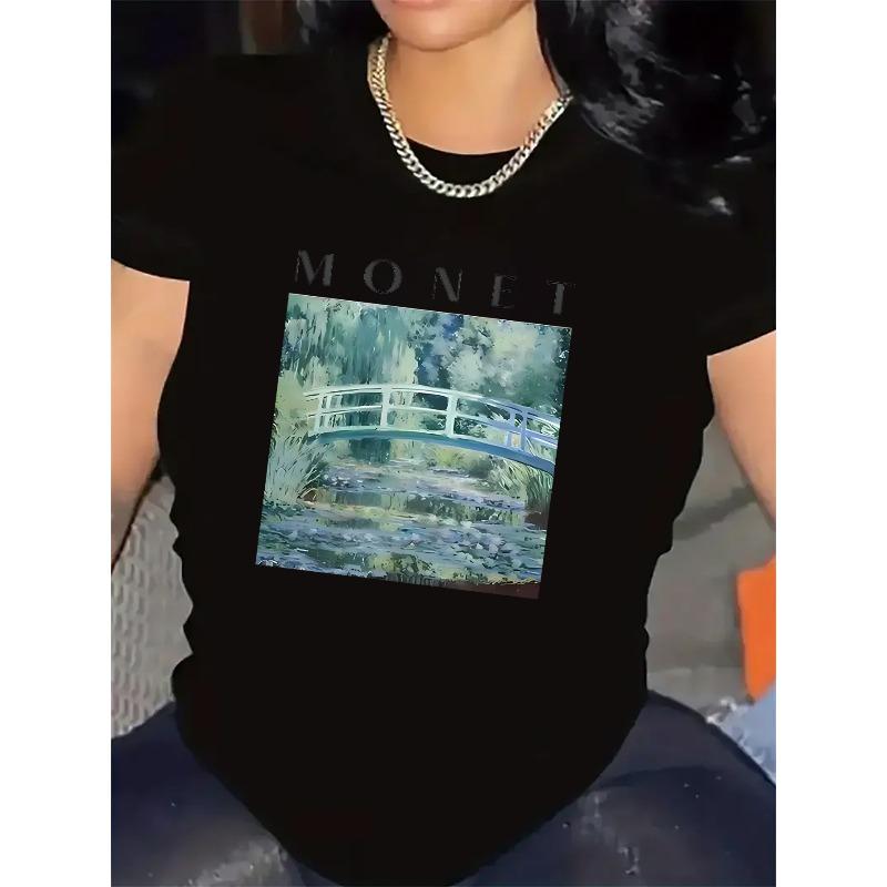 Short Sleeve T-Shirt with Monet Water Lilies Print, 100 Polyester Fabric, Lightweight    Durable, Perfect for Casual Wear at Home or Restaurant S чёрный