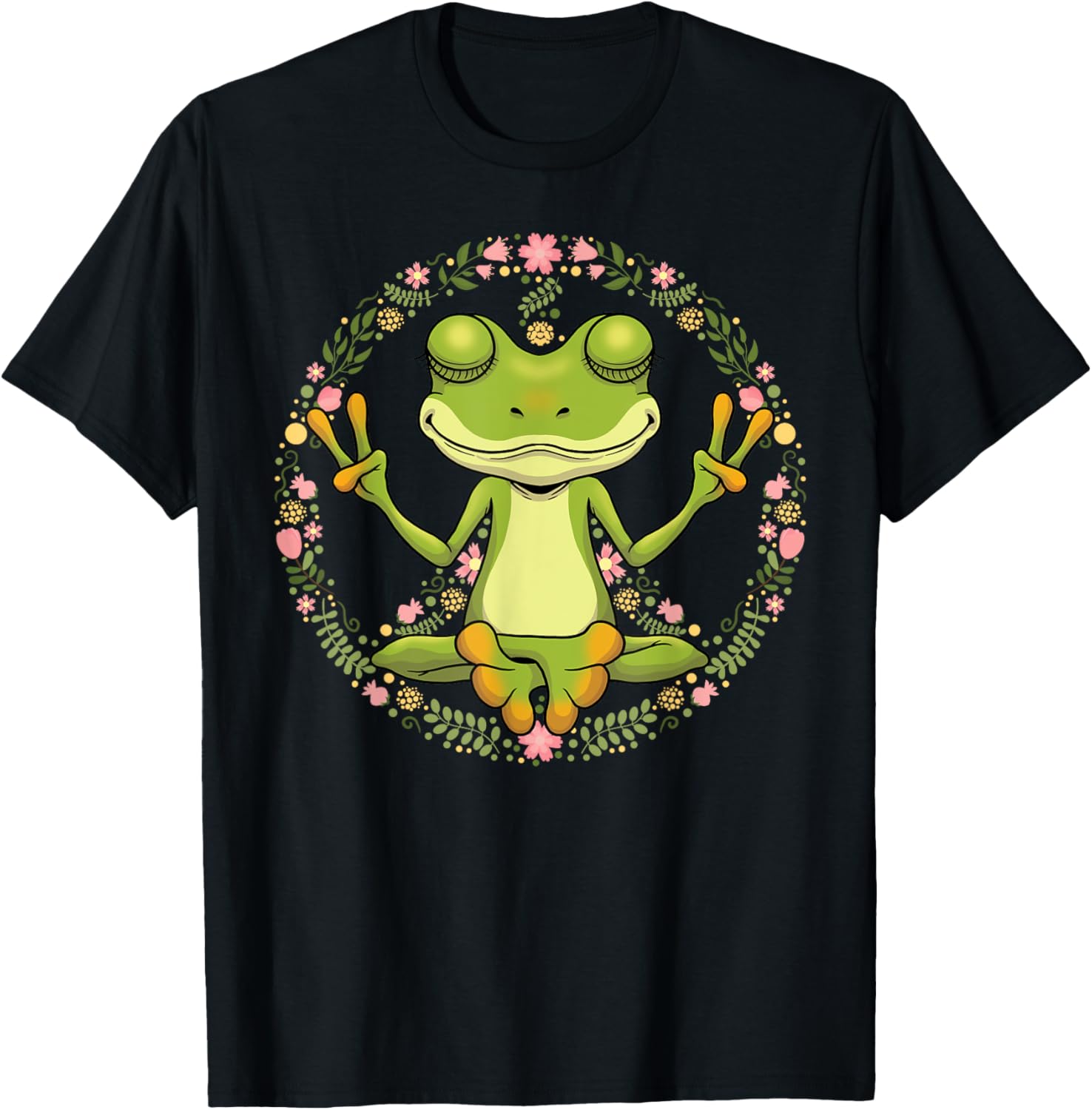 

Meditating Frog Peace Sign Yoga Lotus Flower Graphic Tee Soft Casual Trip T-Shirt 4XL