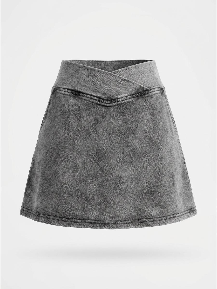 Women s Cross-Waist Knitted Denim Mini Skirt – Stylish Washed & Distressed, Stretchy Slimming A-Line Design XL серый