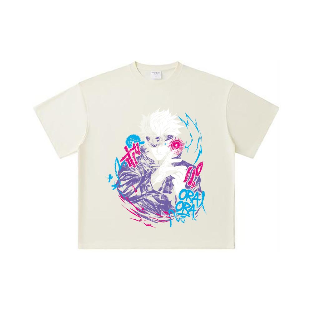 260 GSM Double Yarn 32 Count 100% Cotton Jujutsu Kaisen V59 Gojo Print Unisex Heavy Cotton T Shirt