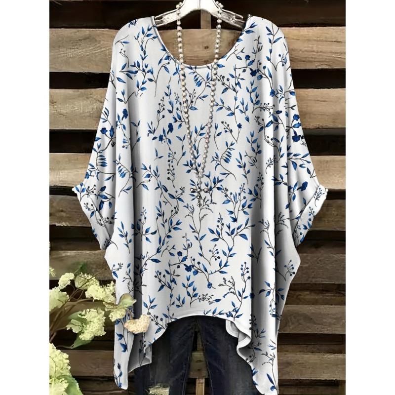 Women's T-Shirt Fashion Floral Printing Short Sleeve Tops Summer Vintage Street Round Neck