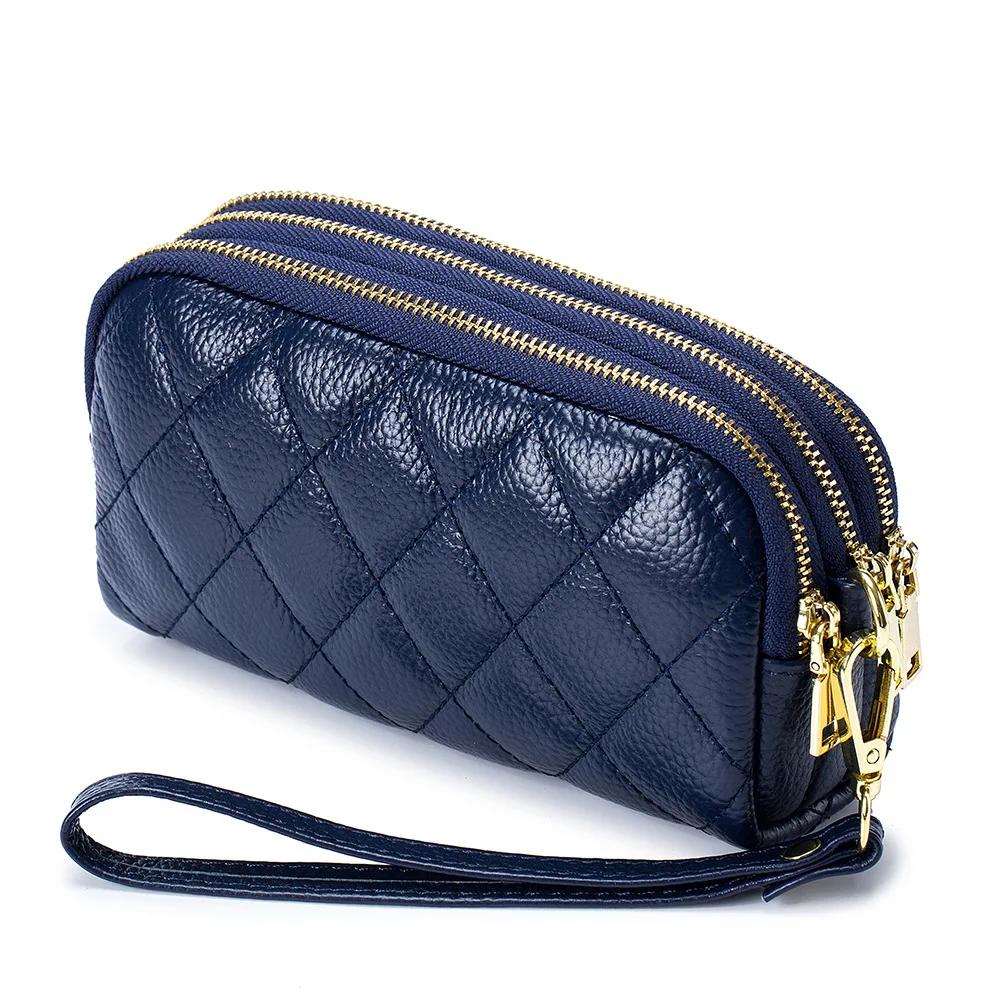 Damen Clutch aus echtem Leder Oberlederschicht lange Geldbörse dreilagige multifunktionale gesteppte Handytasche