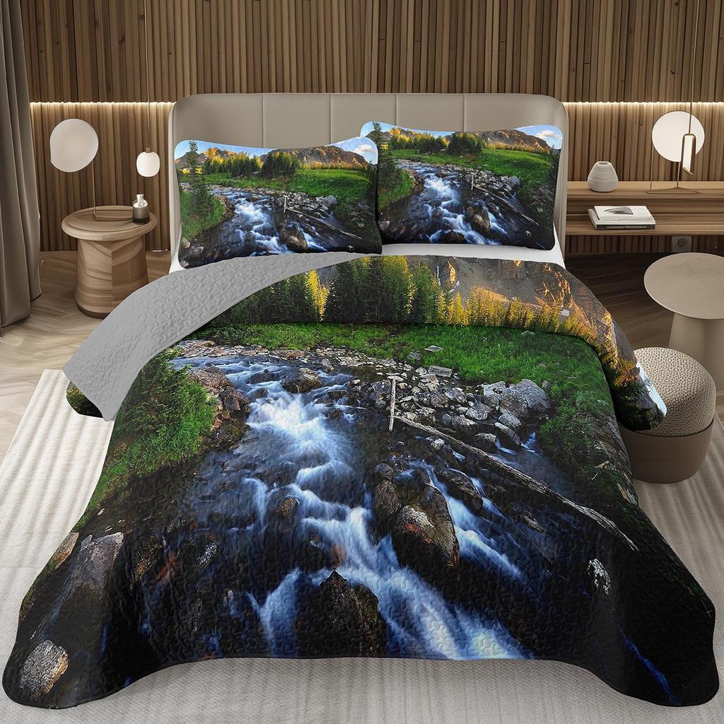 Mountain Bedspread Queen/Twin, Natural Landscape Coverlet Set for Boys Girls Adults Room Decor, Soft Polyester Quilted Bedding