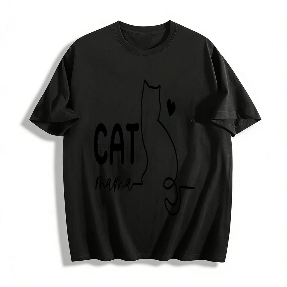 Cat Mama Minimalist Cat Print Casual Crew Neck T-Shirt For Cat Lovers Pure cotton T-shirt XXS