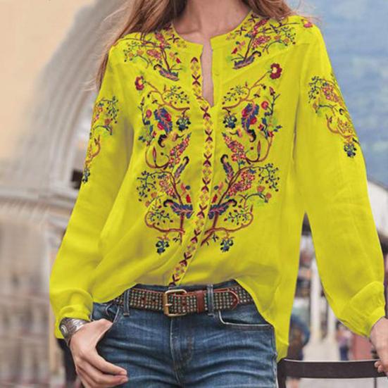 Vintage Women O Neck Long Sleeve Floral Print Pullover Loose Plus Size Shirt