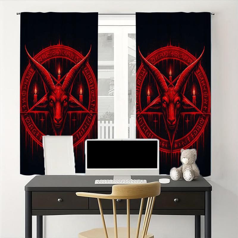 2er Set Gotische Verdunkelungsvorhänge  Satanisches Pentagramm & Roter Ziegenkopf  Lichtfilternd für Schlafzimmer  Wohnzimmer & Büro  Dunkler Dekorationsstil