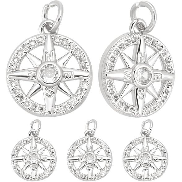 Beebeecraft 1 Box 10Pcs Compass Charms Micro Pave Cubic Zirconia Crystal Stone Golden Flat Round Pendants 13x16x3mm for DIY Jewelry Making Findings