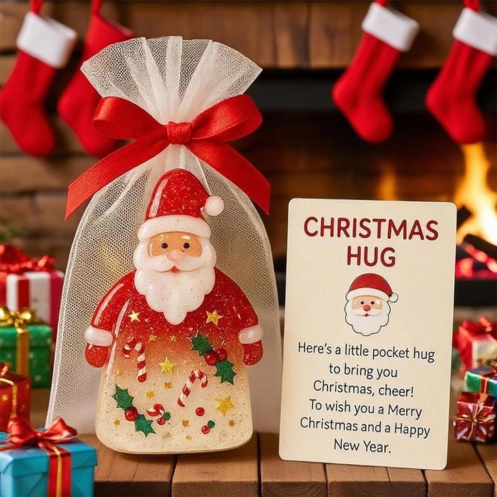 Little Pocket Christmas Hug Santa Claus Charm Keepsake Holiday Cards with Bags for Friends Family Kids Adults Women Girls