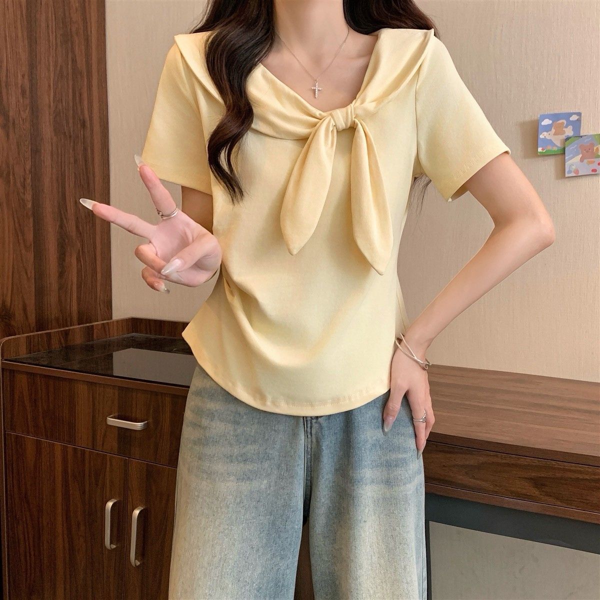 

Женская футболка с коротким рукавом однотонная, темно-синий воротник, блузка с нерегулярным дизайном, корейский стиль, приталенная, женская одежда XXL жёлтый