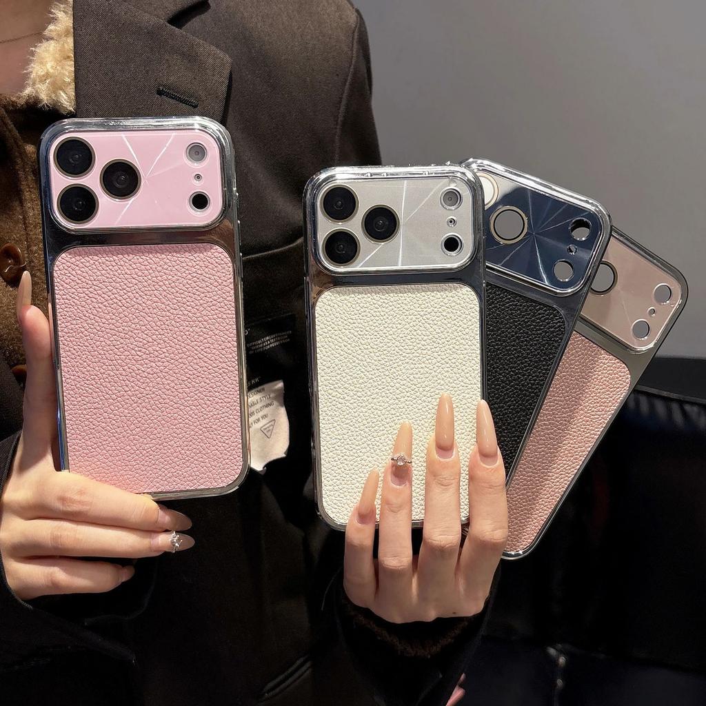 Plating Leather Textured Matte Phone Case For iPhone 17 16 15 14 13 Pro Max Aurora CD Camera Protection Shockproof Bumper Cover