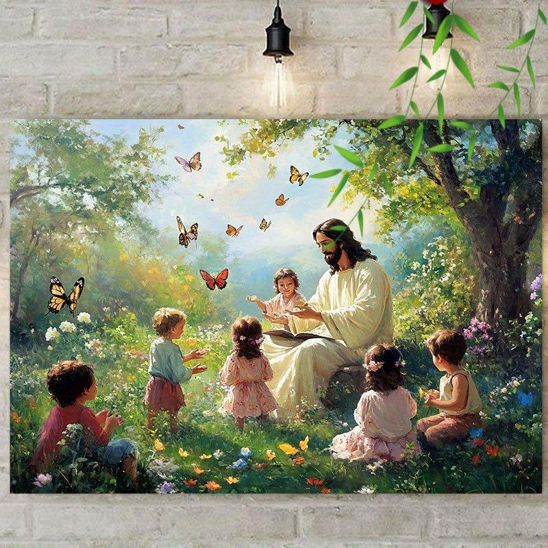 Canvas Painting And Children in Garden with Butterflies Art Prints Wall for Bedroom Home Decor Nature Scenery Religious Canvas Print Poster Picture
