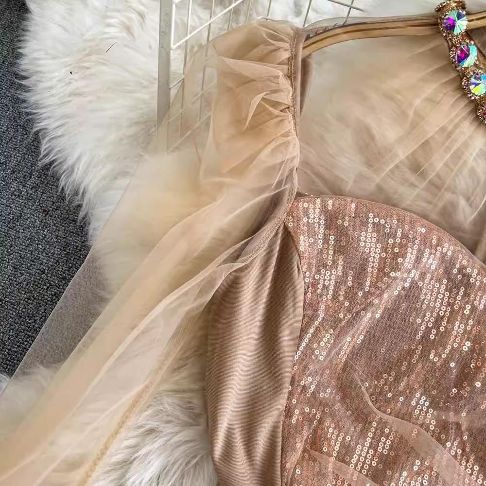 2025 neue Frühjahr Sommer Frauen High-End-Party Mode O Neck Shiny Diamanten Langarm Schlank Lange Party Casual Kleider