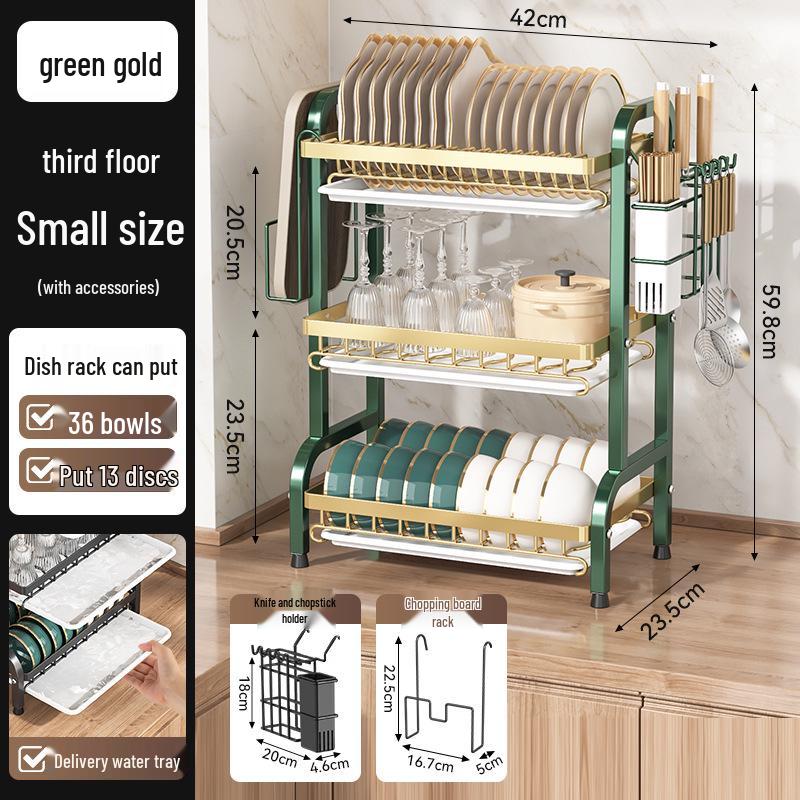 Égouttoir de cuisine multicouche pour bols, assiettes, couteaux et baguettes avec fonctionnalité d'égouttage sur le plan de travail