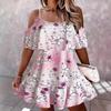 Summer European and American new products Bohemian flower print temperament cold shoulder pleats suspender dress