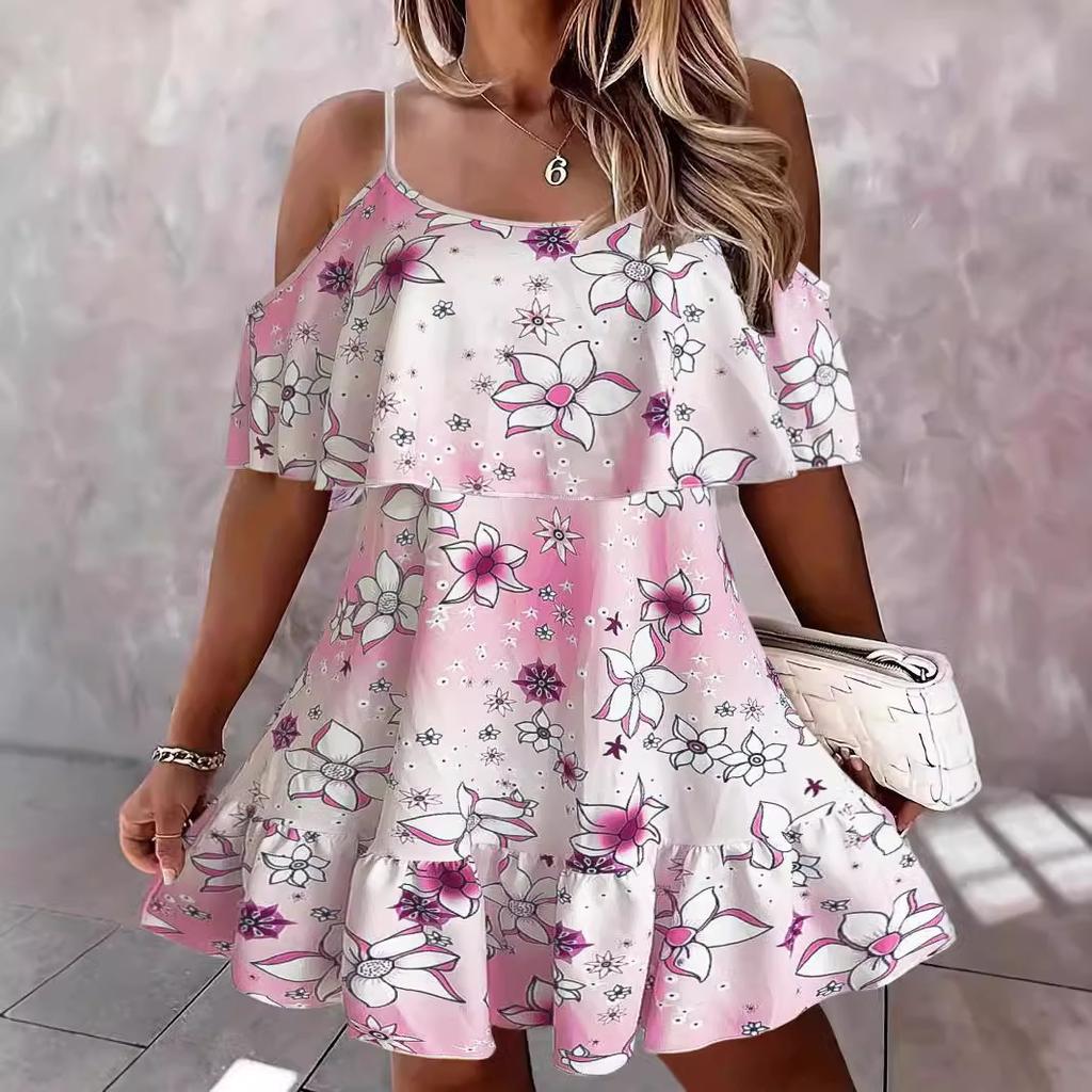 Summer European and American new products Bohemian flower print temperament cold shoulder pleats suspender dress