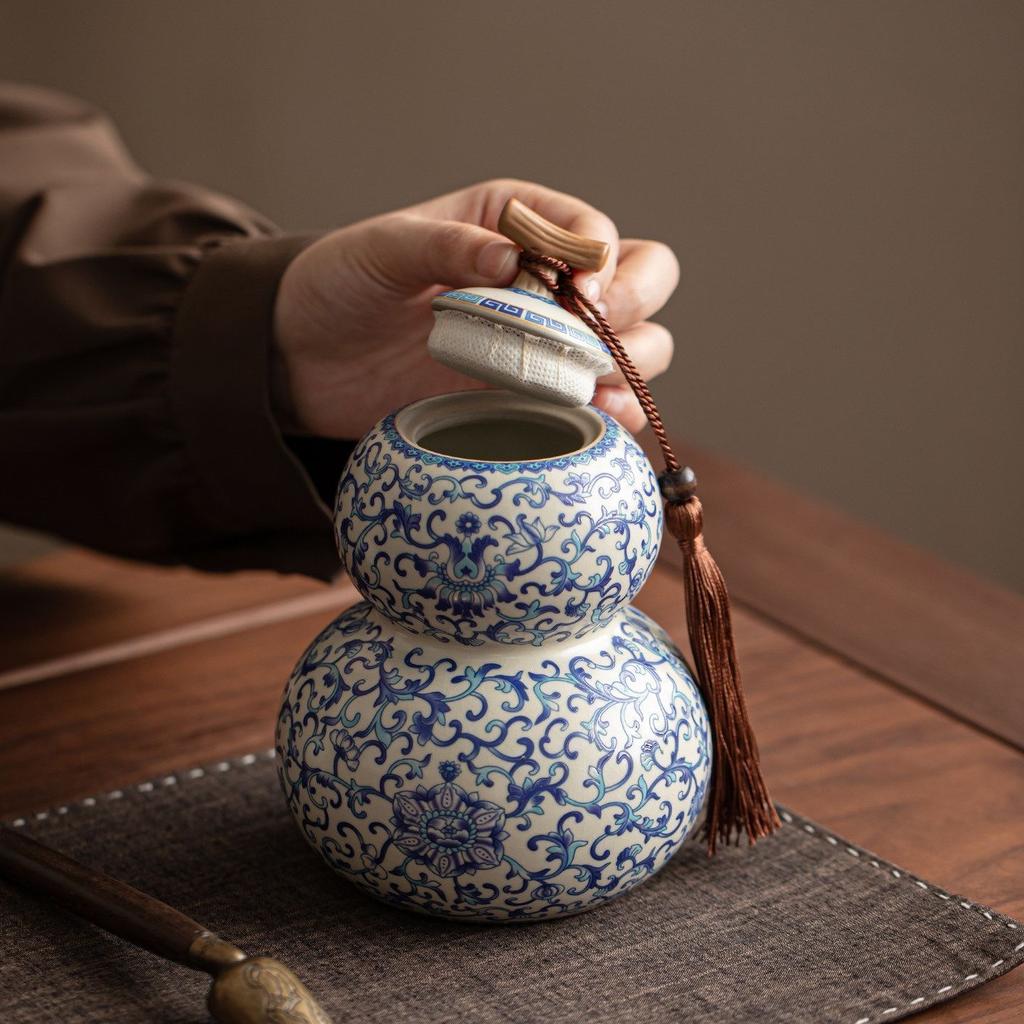 Chinesischer Stil Ru-Ofen Keramik Teedose, Kürbisformiges Vintage Teelagerglas mit Quasten-Dekor