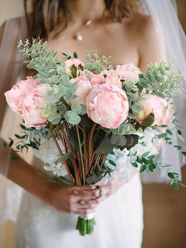 2 ramos de peonías vintage con flores de seda de tallo largo para decoración de bodas, ramo de novia, flores artesanales, arreglo floral