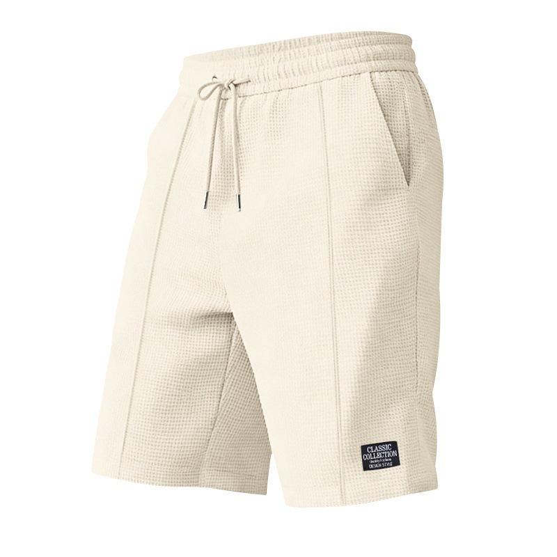 Men Casual Waffle Drawstring Elastic Waist Loose Beach Knee Length Shorts