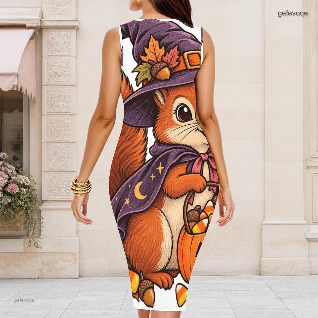 Women Plus Size Round Neck Sleeveless Printed Bodycon Midi Dress