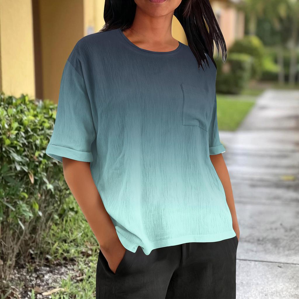 Fashionable Women's T-shirt Short Sleeved Casual Top With Pocket Gradient Print Round Neck Lightweight Shirt