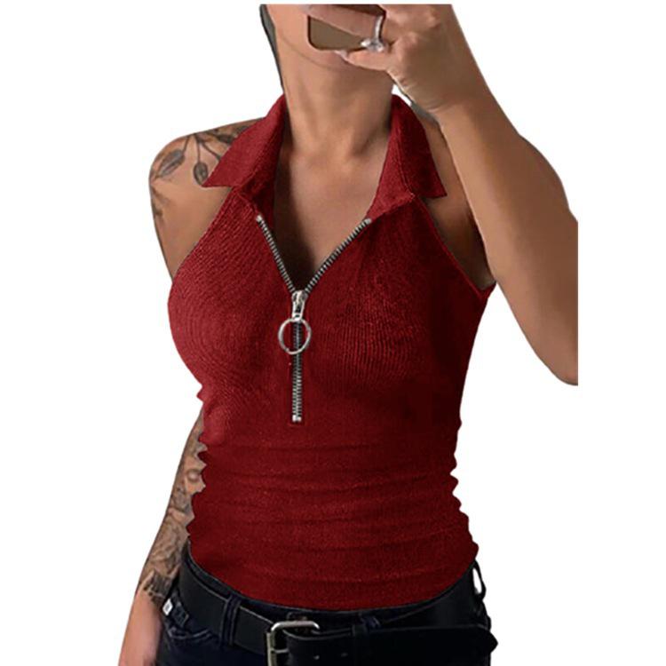 2024 Women's Fashion Casual Solid Color Ribbed Zip-Up Vest T-Shirt with Turn-Down Collar for Spring/Summer