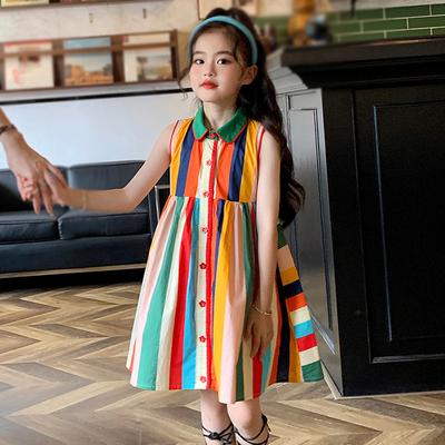 Dívčí šaty Letní Dětské Šaty Klopa Bez rukávů Barevné Pruhované Dětské Šaty Baby Sweet Princess dress
