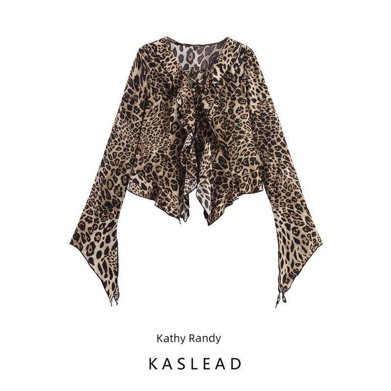 Kaslead New Arrival Women's Fashion Style Leopard Print V-neck Body Fitted Waist Flare-Sleeve Shirt Tops