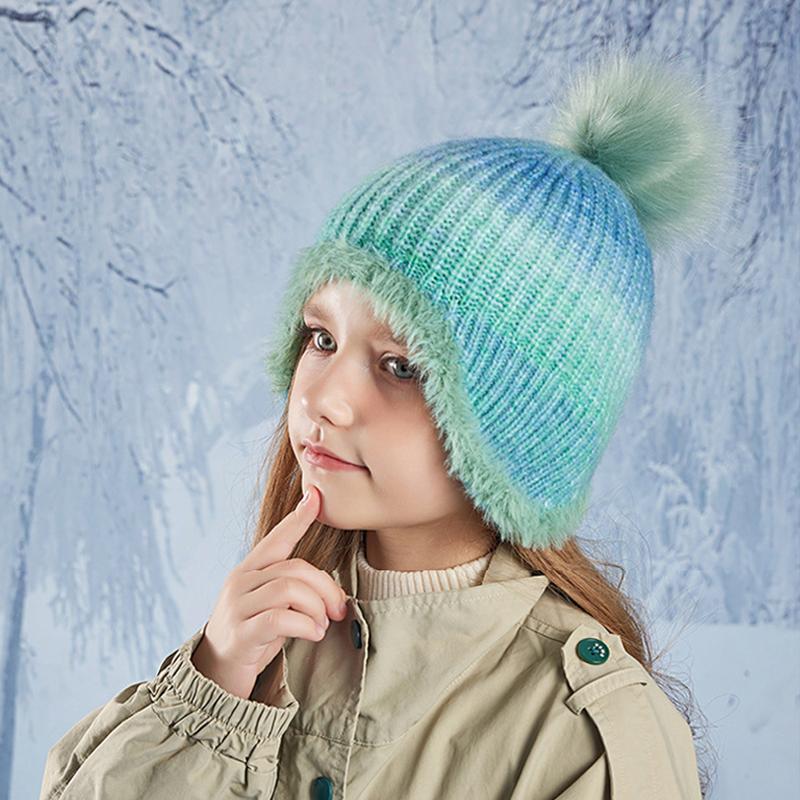 Korean Colorful Kids Hats Cute Fur Ball Knitted Hat Girl's Winter Ear Protection Caps Outdoor Plus Velvet Warm Hoods Accessories