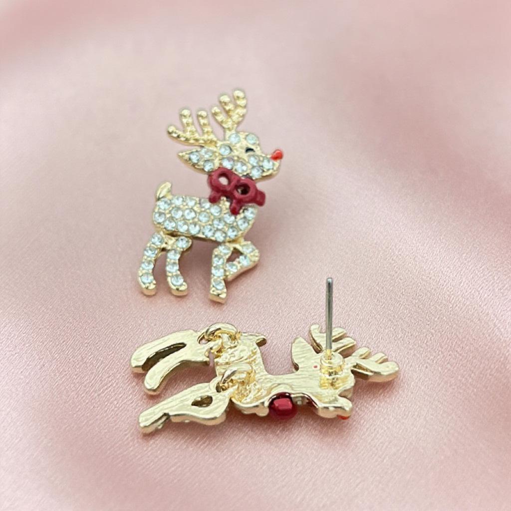 Christmas Reindeer Bow Tie Earrings: Drip Oil & Inlaid Diamonds with Movable Limbs