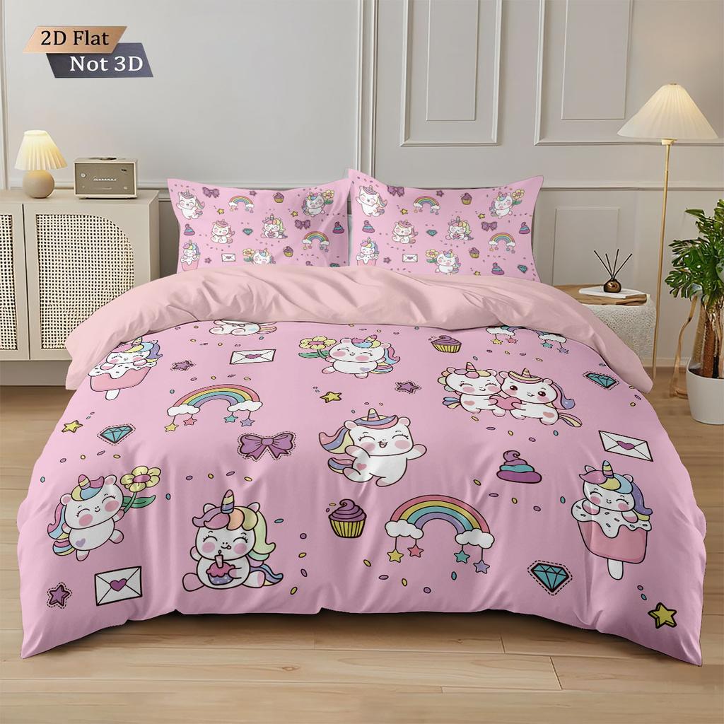 3Pcs Cartoon Cute Unicorn Printed Coreless Down Duvet Cover Set,Multi Size Bedroom Bedding Decoration,Machine Washable