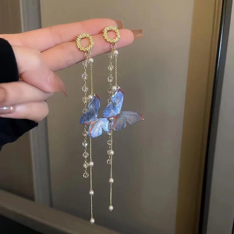 

Personality Fashion Blue Butterfly Crystal Long Tassel Drop Dangle Earrings for Women Luxury Korea Earring Party Jewelry Gift