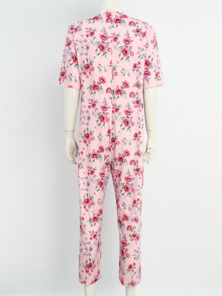 S-3XL Womens Elderly Nursing Floral Print Jumpsuit Short Sleeve Back Zipper Lounging-style Anti-strip Adaptive Rompers for Alzheimer Special Needs