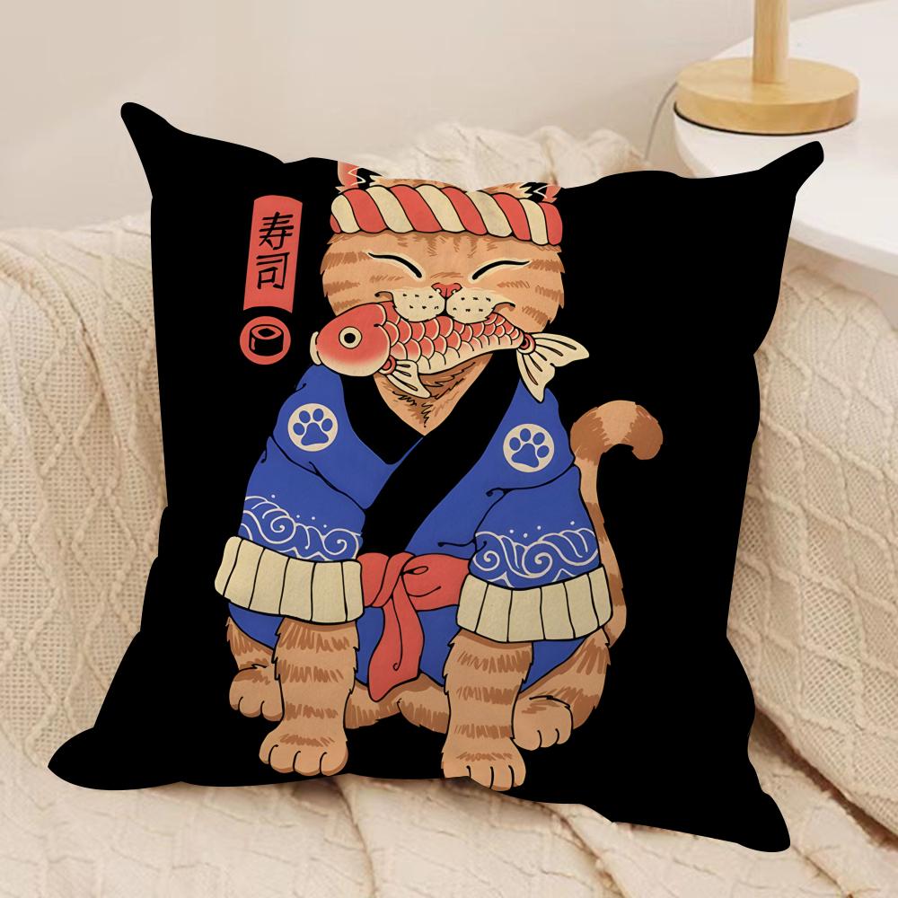 Japanese Style Samurai Cat Cushion Cover Silky Short Plush Invisible Zipper Dustproof Sofa Pillow Case for Home Decor
