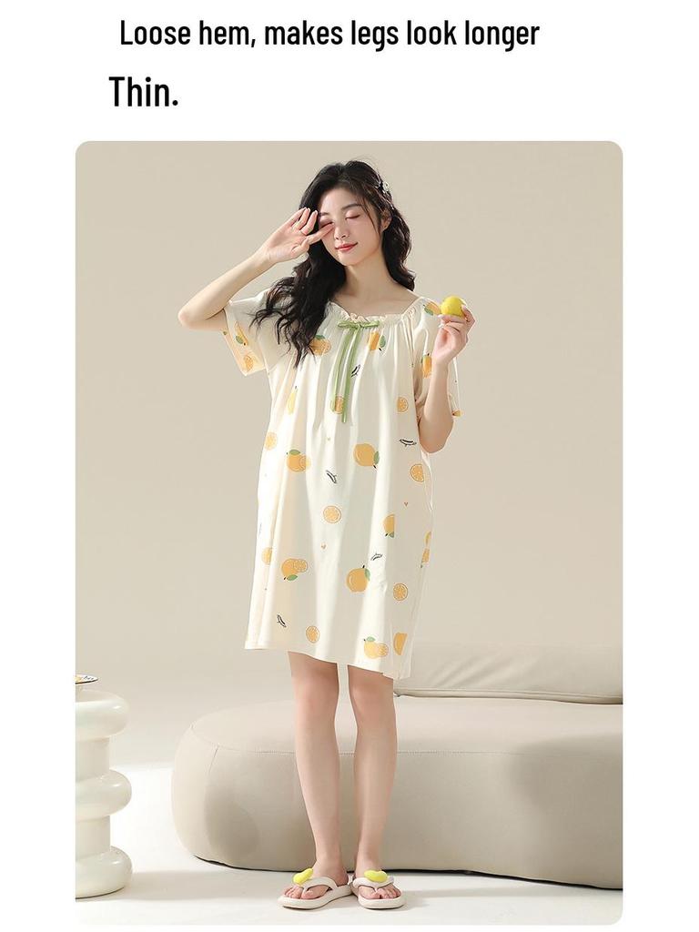 7A Women's Antibacterial Cotton Nightgown, Short Sleeve, Plus Size, Medium Length, Versatile for Outdoor Wear, Sweet Summer Home Dress