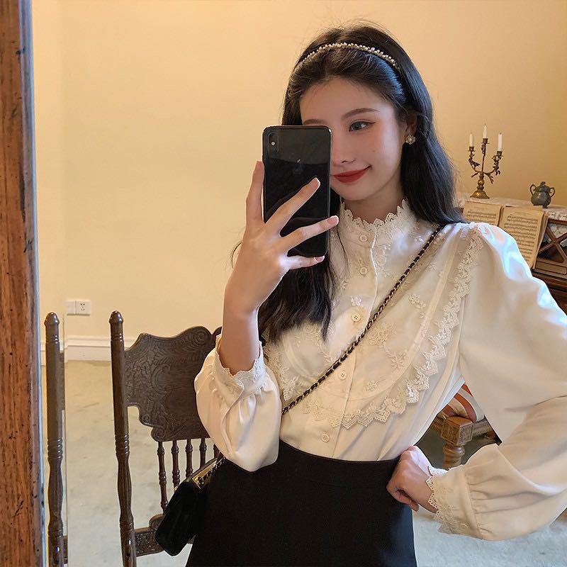 Autumn Women's High-Neck Long-Sleeve White Shirt