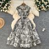 New women's high-end elegant dress women's lapel sleeveless waist single-breasted ink painting jacquard dress