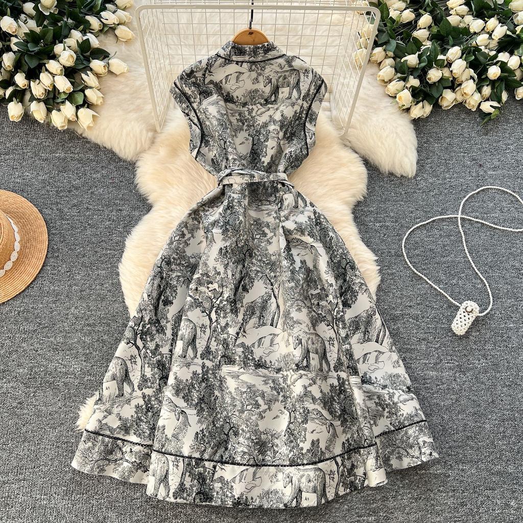 New women's high-end elegant dress women's lapel sleeveless waist single-breasted ink painting jacquard dress