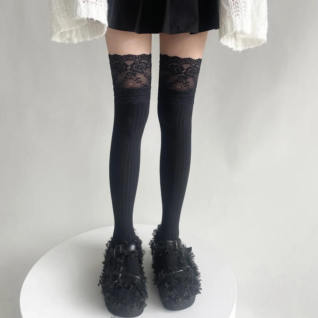 Japanese Fashion Autumn Winter Women Stockings Solid Color Thigh High Socks Lolita Lacework Knee High Socks Thigh High Stockings